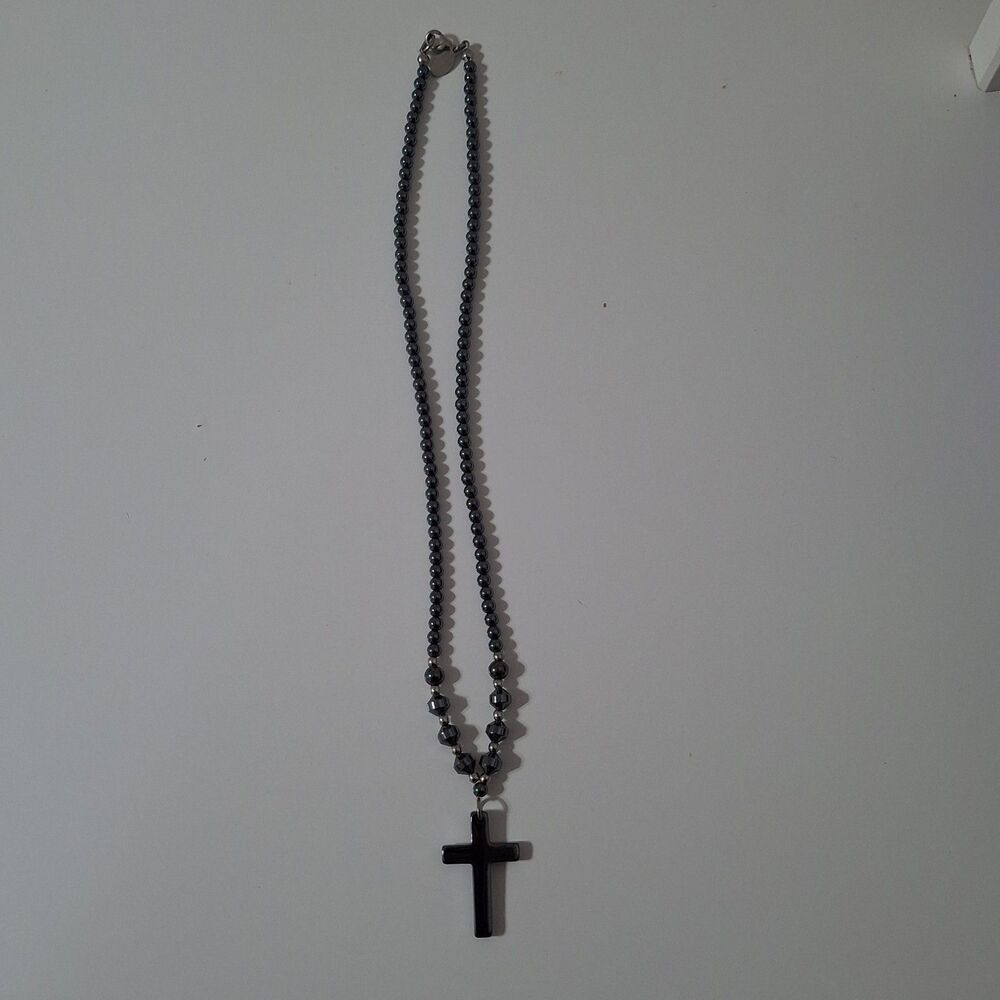 Panama Jack Gun Metal Gray Beaded Cross Necklace Spiritual God Religious